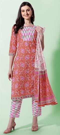 Casual, Festive Red and Maroon color Salwar Kameez in Cotton fabric with Straight Printed work : 1850382