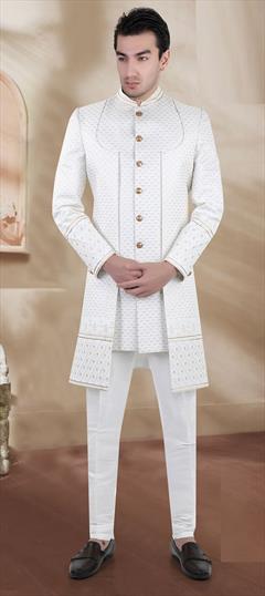 White and Off White color IndoWestern Dress in Brocade fabric with Embroidered, Gota Patti, Thread work : 1850407