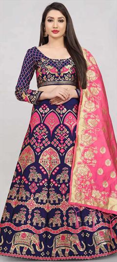 Reception, Wedding Blue, Pink and Majenta color Lehenga in Banarasi Silk fabric with A Line Weaving work : 1850428