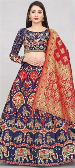 Reception, Wedding Blue, Red and Maroon color Lehenga in Banarasi Silk fabric with A Line Weaving work : 1850429