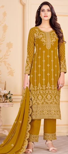Engagement, Party Wear Yellow color Salwar Kameez in Georgette fabric with Straight Embroidered, Stone, Thread work : 1850537