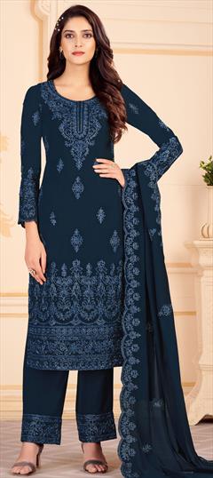 Engagement, Party Wear Blue color Salwar Kameez in Georgette fabric with Straight Embroidered, Stone, Thread work : 1850539