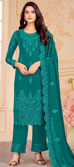 Engagement, Party Wear Green color Salwar Kameez in Georgette fabric with Straight Embroidered, Stone, Thread work : 1850545