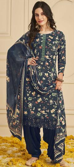Festive, Party Wear Blue color Salwar Kameez in Crepe Silk fabric with Patiala, Straight Border, Embroidered, Printed, Sequence work : 1850558