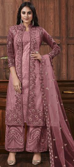 Reception Pink and Majenta color Salwar Kameez in Net fabric with Palazzo Embroidered, Sequence work : 1850668