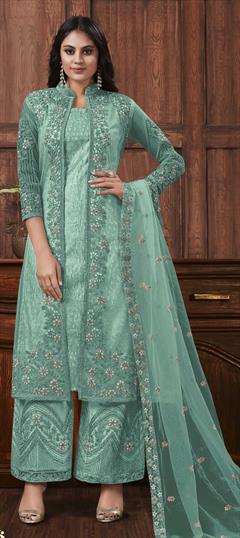 Reception Blue color Salwar Kameez in Net fabric with Palazzo Embroidered, Sequence work : 1850669