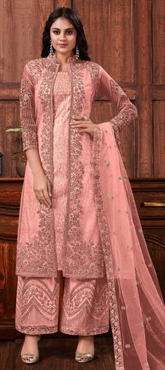 Reception Pink and Majenta color Salwar Kameez in Net fabric with Palazzo Embroidered, Sequence work : 1850671