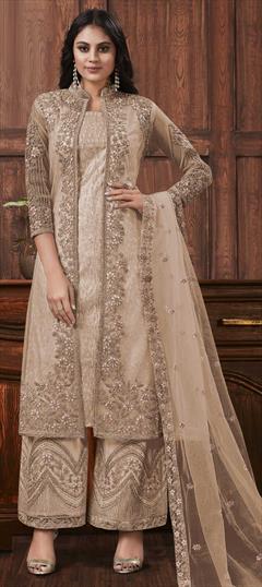 Reception Beige and Brown color Salwar Kameez in Net fabric with Palazzo Embroidered, Sequence work : 1850672