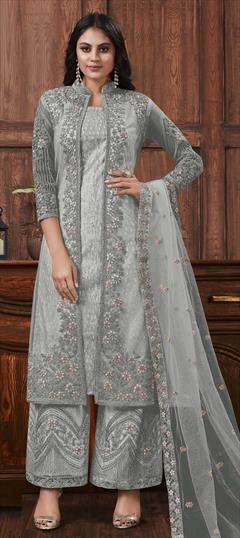 Reception Black and Grey color Salwar Kameez in Net fabric with Palazzo Embroidered, Sequence work : 1850674