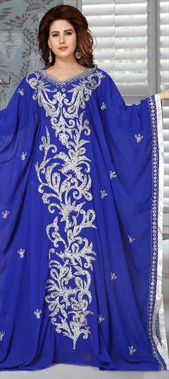Festive, Reception Blue color Kaftan in Faux Georgette fabric with Embroidered, Stone, Thread work : 1850766