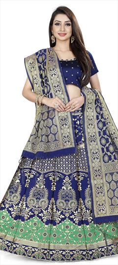 Reception Blue, Green color Lehenga in Banarasi Silk fabric with A Line Weaving work : 1850808