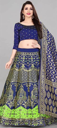 Reception Blue, Green color Lehenga in Banarasi Silk fabric with A Line Weaving work : 1850815
