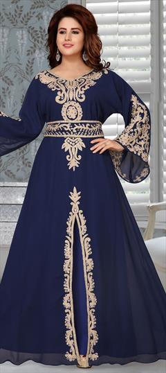 Festive, Reception Blue color Kaftan in Faux Georgette fabric with Embroidered, Stone, Thread work : 1850883