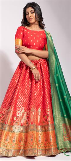 Festive, Traditional Red and Maroon color Lehenga in Banarasi Silk fabric with A Line Weaving work : 1850999