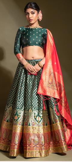 Festive, Traditional Green color Lehenga in Banarasi Silk fabric with A Line Weaving work : 1851009