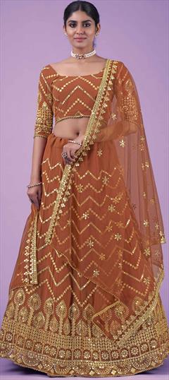 Festive, Mehendi Sangeet, Reception Beige and Brown color Lehenga in Georgette fabric with A Line Sequence, Zari work : 1851045