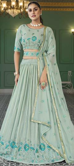 Engagement, Reception, Wedding Green color Lehenga in Georgette fabric with A Line Embroidered, Sequence, Thread work : 1851093