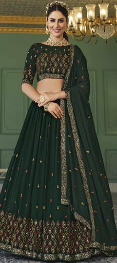 Engagement, Reception, Wedding Green color Lehenga in Georgette fabric with A Line Embroidered, Sequence, Thread work : 1851101