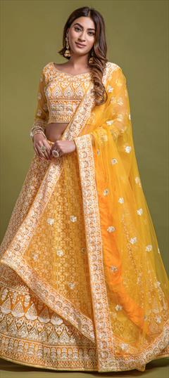 Bridal, Reception, Wedding Yellow color Lehenga in Net fabric with A Line Embroidered, Sequence, Thread work : 1851105