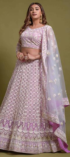 Bridal, Reception, Wedding Purple and Violet color Lehenga in Net fabric with A Line Embroidered, Sequence, Thread work : 1851108