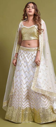 Bridal, Reception, Wedding Green, White and Off White color Lehenga in Net fabric with A Line Embroidered, Sequence, Thread, Zari work : 1851115
