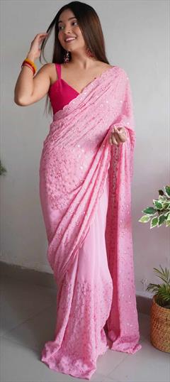Party Wear Pink and Majenta color Saree in Georgette fabric with Classic Sequence work : 1851213