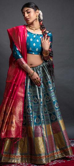Festive, Reception Blue color Lehenga in Banarasi Silk fabric with A Line Weaving work : 1851247