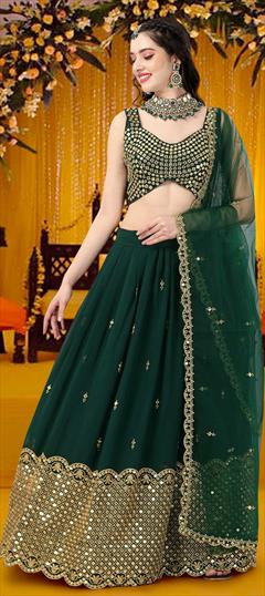 Designer, Party Wear, Wedding Green color Lehenga in Georgette fabric with A Line Embroidered, Sequence, Thread, Zari work : 1851266