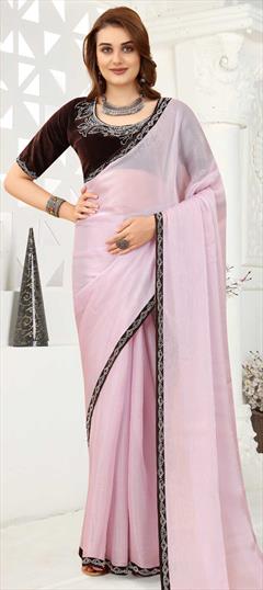 Party Wear, Traditional Pink and Majenta color Saree in Organza Silk, Silk fabric with South Border, Zircon work : 1851270