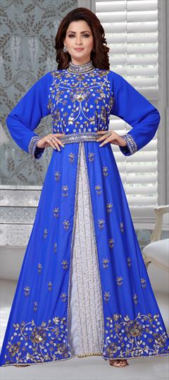 Festive, Reception Blue color Kaftan in Faux Georgette fabric with Bugle Beads, Cut Dana, Stone work : 1851271