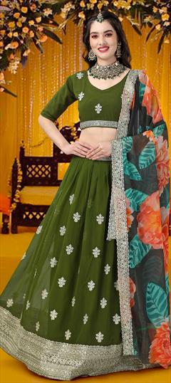 Designer, Party Wear, Wedding Green color Lehenga in Georgette fabric with A Line Embroidered, Sequence, Thread, Zari work : 1851277