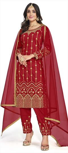Festive, Party Wear Red and Maroon color Salwar Kameez in Art Silk fabric with Straight Embroidered, Mirror, Thread, Zari work : 1851308