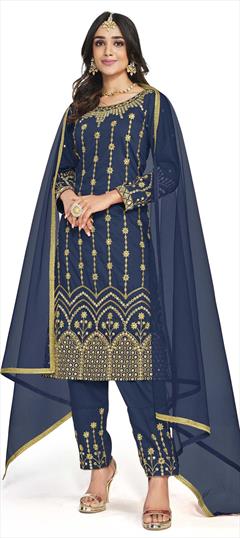 Festive, Party Wear Blue color Salwar Kameez in Art Silk fabric with Straight Embroidered, Mirror, Thread, Zari work : 1851310