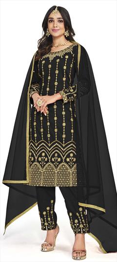 Festive, Party Wear Black and Grey color Salwar Kameez in Art Silk fabric with Straight Embroidered, Mirror, Thread, Zari work : 1851316