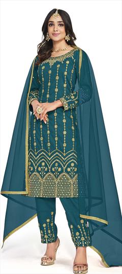 Festive, Party Wear Blue color Salwar Kameez in Art Silk fabric with Straight Embroidered, Mirror, Thread, Zari work : 1851323