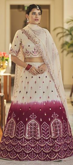 Designer, Reception, Wedding Beige and Brown, Red and Maroon color Lehenga in Art Silk fabric with A Line Embroidered, Mirror, Sequence, Thread work : 1851365