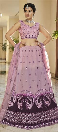 Designer, Reception, Wedding Pink and Majenta, Purple and Violet color Lehenga in Art Silk fabric with A Line Embroidered, Sequence, Thread work : 1851368