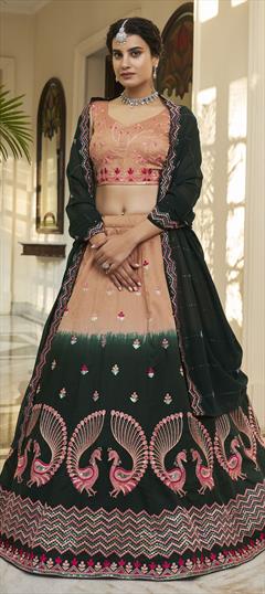 Designer, Reception, Wedding Beige and Brown, Green color Lehenga in Art Silk fabric with A Line Embroidered, Sequence, Thread work : 1851372