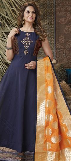Mehendi Sangeet, Reception Blue color Salwar Kameez in Chanderi Silk fabric with Anarkali Bugle Beads, Cut Dana work : 1851373