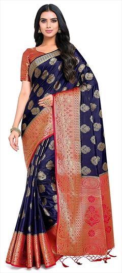Traditional, Wedding Blue color Saree in Kanjeevaram Silk, Silk fabric with South Zari work : 1851383