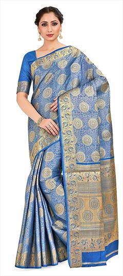 Traditional, Wedding Blue color Saree in Kanjeevaram Silk, Silk fabric with South Zari work : 1851385
