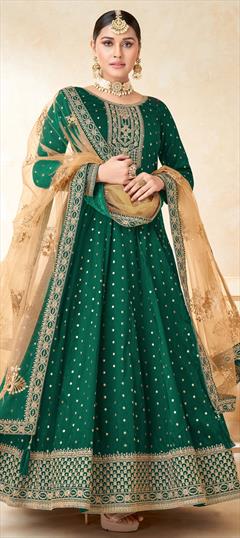 Engagement, Mehendi Sangeet, Reception Green color Salwar Kameez in Taffeta Silk fabric with Anarkali Embroidered, Stone, Thread, Zari work : 1851472
