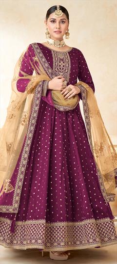 Engagement, Mehendi Sangeet, Reception Purple and Violet color Salwar Kameez in Taffeta Silk fabric with Anarkali Embroidered, Stone, Thread, Zari work : 1851475