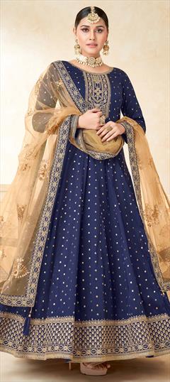 Engagement, Mehendi Sangeet, Reception Blue color Salwar Kameez in Taffeta Silk fabric with Anarkali Embroidered, Stone, Thread, Zari work : 1851476