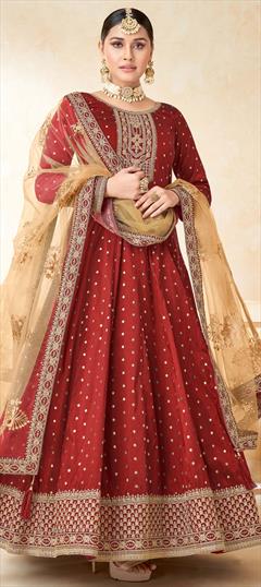 Engagement, Mehendi Sangeet, Reception Red and Maroon color Salwar Kameez in Taffeta Silk fabric with Anarkali Embroidered, Stone, Thread, Zari work : 1851477