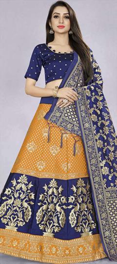 Festive, Party Wear Blue, Yellow color Lehenga in Banarasi Silk fabric with A Line Zari work : 1851615