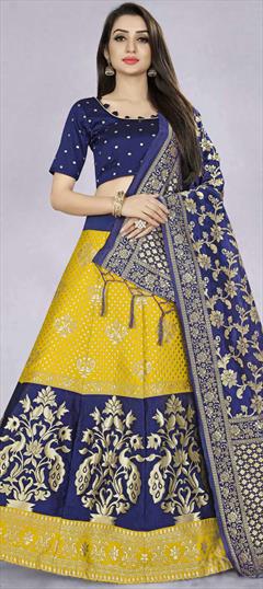 Festive, Party Wear Blue, Yellow color Lehenga in Banarasi Silk fabric with A Line Weaving work : 1851621