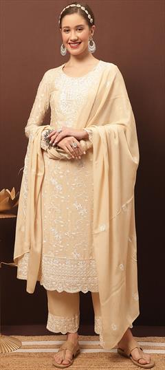 Party Wear, Reception Beige and Brown color Salwar Kameez in Chiffon fabric with Straight Embroidered, Resham, Thread work : 1851622