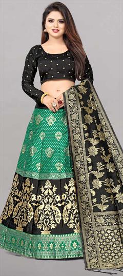 Festive, Party Wear Black and Grey, Green color Lehenga in Banarasi Silk fabric with A Line Weaving work : 1851633