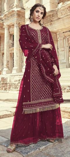 Festive, Reception Red and Maroon color Salwar Kameez in Georgette fabric with Palazzo Embroidered, Resham, Sequence, Thread, Zari work : 1851649
